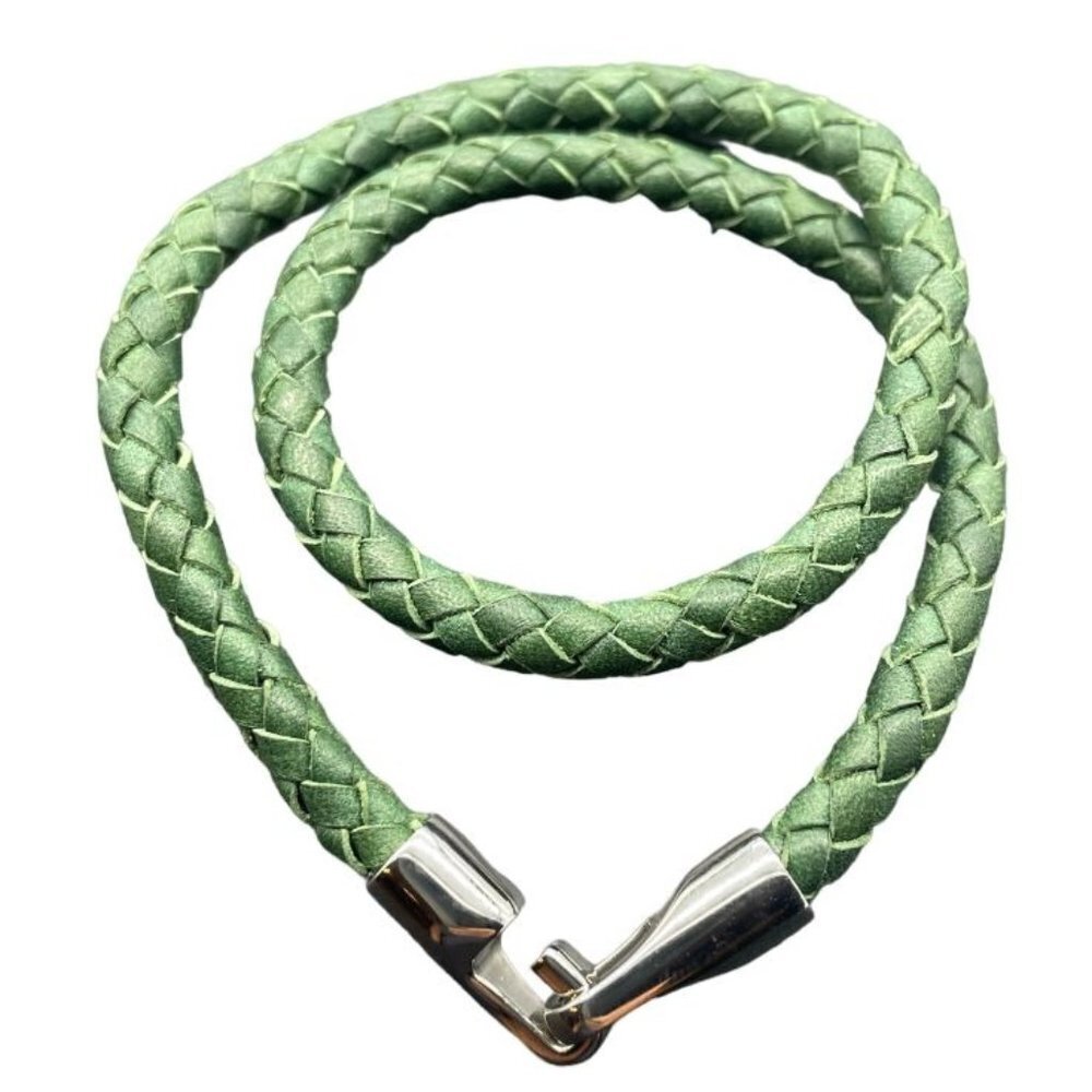 WP Waxing Poetic? Braided Green Leather Steel Hook Clasp Bangle Bracelet 15"